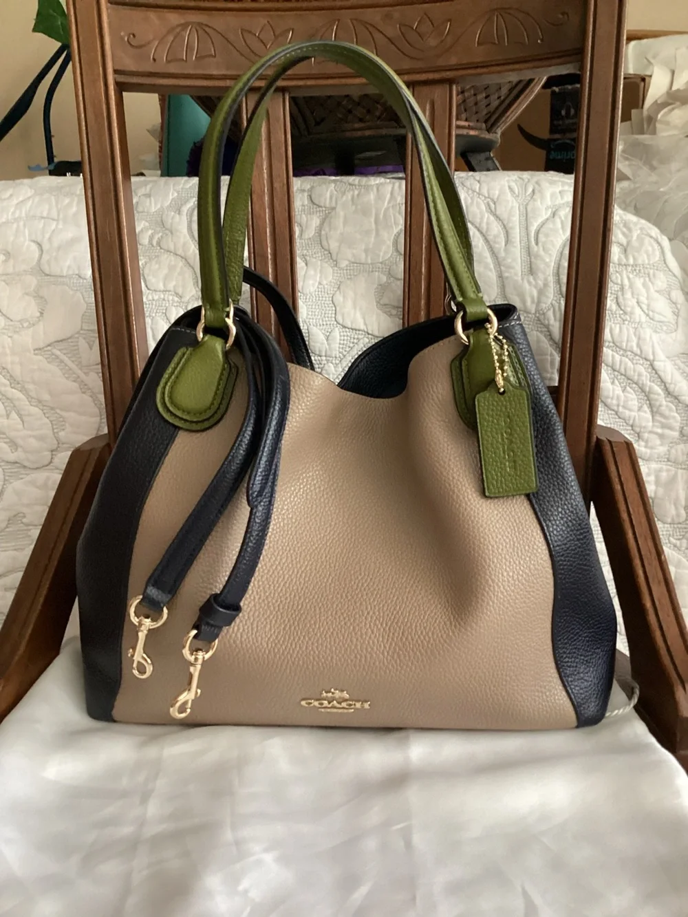 Coach Pebble Leather Colorblock Tote - Beige, Navy & Green